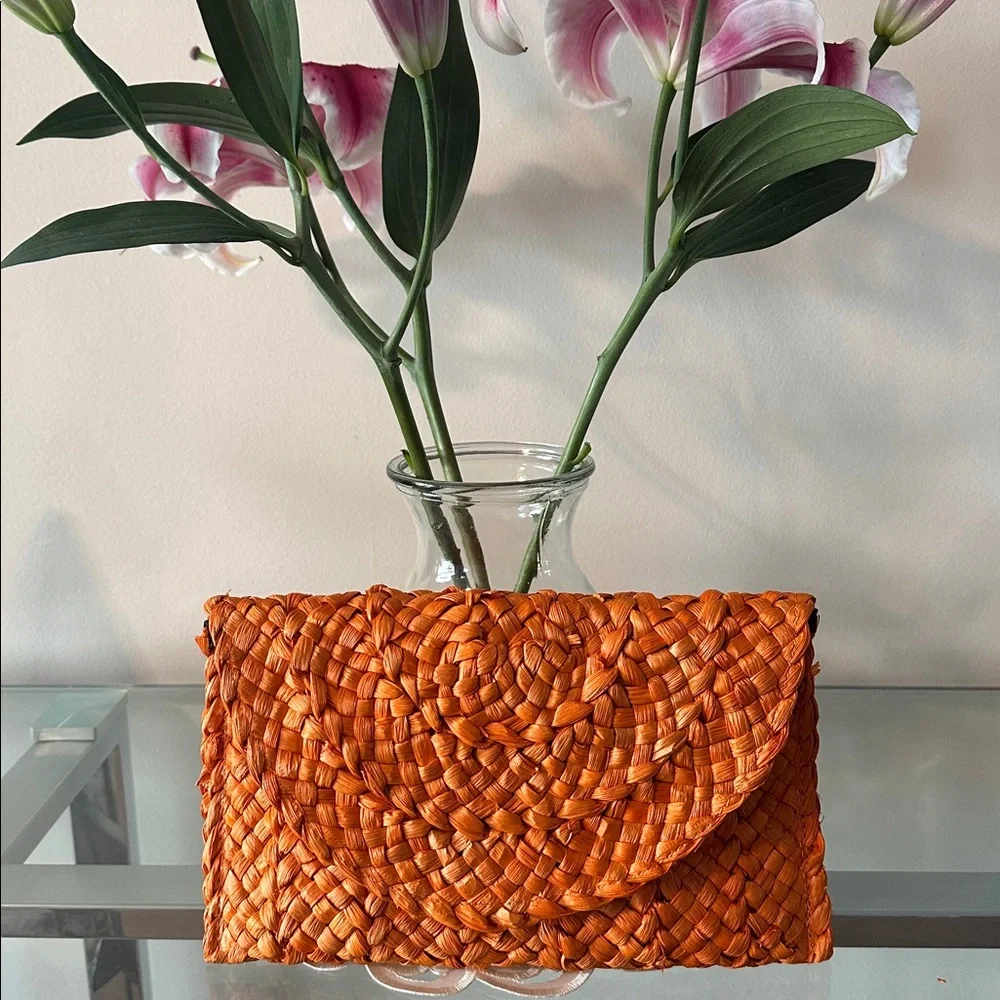 Colorful Orange Woven Straw Clutch
